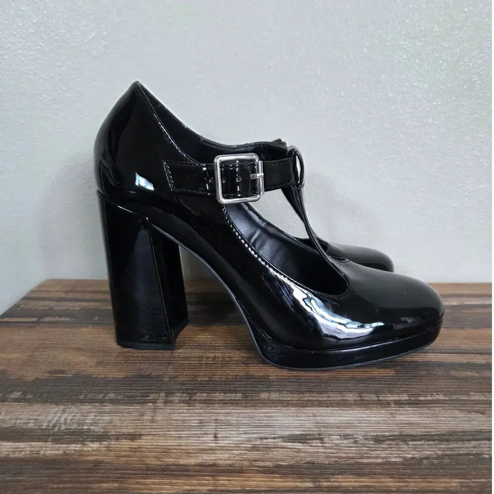 Madden Girl Patent Black Chunky Platform Mary Jane Heels Size 8.5